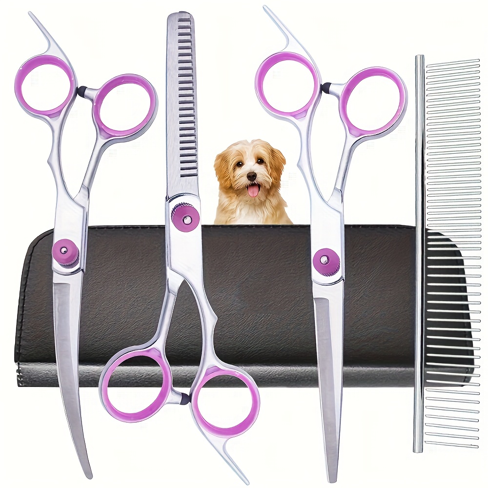 Trimming Scissor Set - 5点セット プロ仕様 犬用グルーミングハサミセット ステンレス製 ペット用カーブシンニングシザーキット コームケース付き